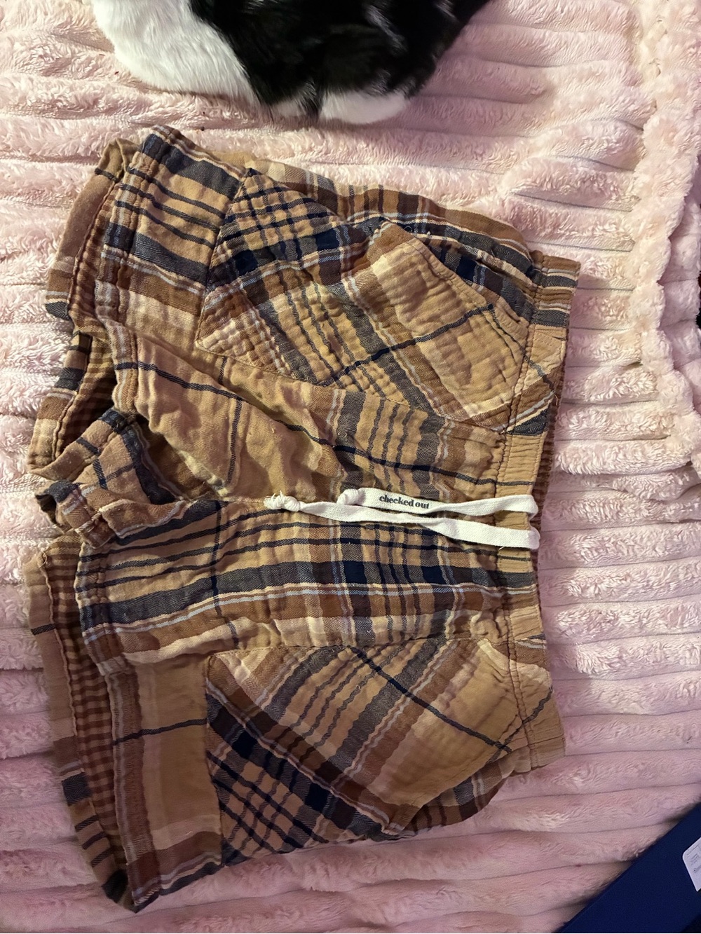 aerie Checked Plaid Athletic Shorts — Tan & Navy